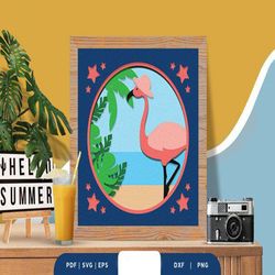 Lady Flamingo at the Beach Shadow Box, Shadow Box Template, Paper Cutting Template, Light Box SVG Files, 3D Papercut Lig