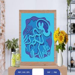 Jellyfish Underwater 3D Shadow Box SVG, Shadow Box Template, Paper Cutting Template, Light Box SVG Files, 3D Papercut Li