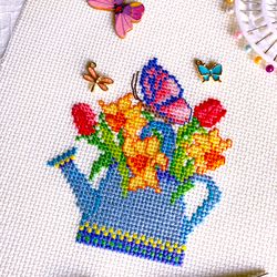 SPRING FLOWERS IN A WATERING CAN cross stitch pattern PDF by CrossStitchingForFun Instant Download
