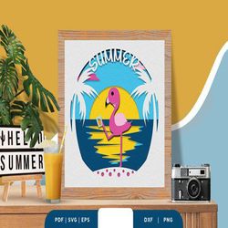 flamingo in the summer 3d paper cut,shadow box template, paper cutting template, light box svg files, 3d papercut lightb