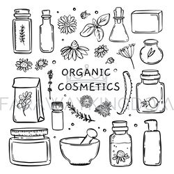 organic cosmetics monochrome hand drawn vector collection