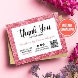 glitter pink thank you for your order card with qr code, editable thank you cards, business thank you card template
