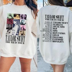taylor eras tour 2 sided print shirt, with tour places and albums on the back shirt, evermore, midnights concert shirt,
