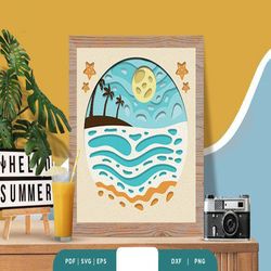 beach view 3d layered paper cut,shadow box template, paper cutting template, light box svg files, 3d papercut lightbox s