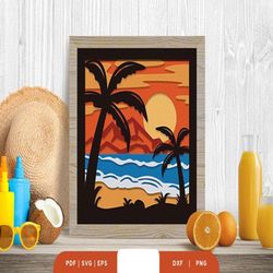 Beach Sunset 3D Layered Papercut,Shadow Box Template, Paper Cutting Template, Light Box SVG Files, 3D Papercut Lightbox