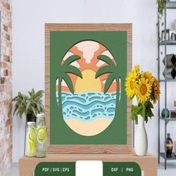 Beach Sunset 3D Layered Paper Cut,Shadow Box Template, Paper Cutting Template, Light Box SVG Files, 3D Papercut Lightbox