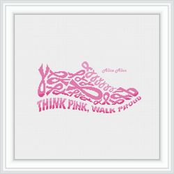 Cross stitch pattern Pink ribbon Shoe silhouette ornament text monochrome woman female health counted crossstitch patter