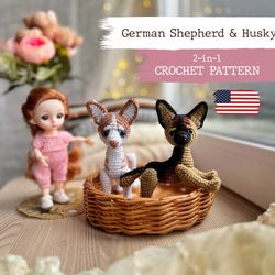 Mini amigurumi dogs CROCHET PATTERN 2 in 1 set PDF, German Shepherd crochet pattern, amigurumi Husky, crochet doll pet