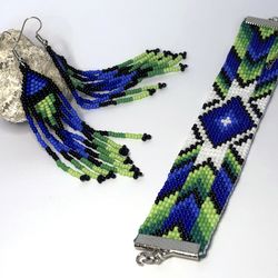 Set of beaded earrings bracelet. Handmade blue green bracelet and long chandelier earrings. Summer style 2023 jewelry