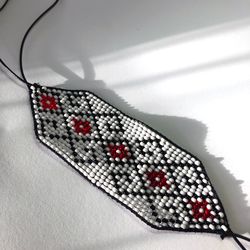 wide beaded loom ukraine red white flower bracelet hand made native seed bead boho bracelet weaving modern handmade