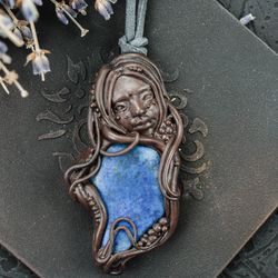 Goddess handmade pendant. Pendant with lapis lazuli. Jewelry polymer clay