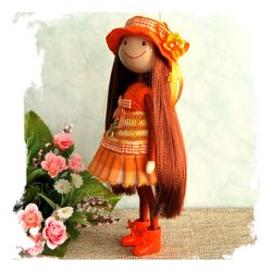 Handmade OOAK art doll/Unique home decor/Authors orange doll/Gift for birthday/Collectible doll