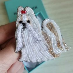 Shih-Tzu jewelry brooch beaded, dog show number clip, white dog jewelry,  pet portrait jewelry