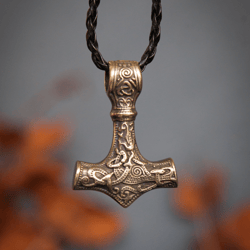 Mjolnir Thor Hammer pendant on leather cord. Viking scandinavian necklace. Pagan mascot. Unique Handcrafted jewelry..