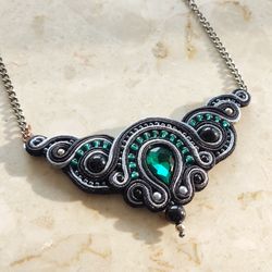 Emerald Statement necklace, Black and green necklace, Boho Ethnic necklace Soutache embroidered