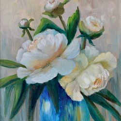 White Peony Painting Original Artwork Flowers Oil Painting White Floral Art Style Life Artwork Peony Wall Art