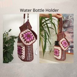 Water Bottle Holder Phone Pocket Granny Square. Removable and Adjustable Strap for Girl for cycling,shopping