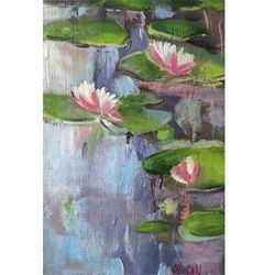 Water Lily Painting Original Oil Art Nenuphar Artwork Seascape Wall Art by OlivKan