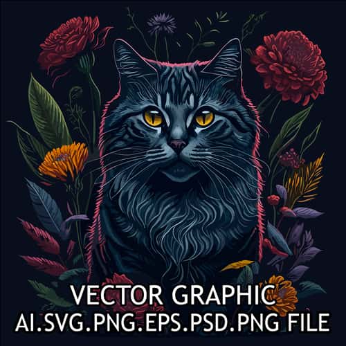 CAT AND FLOWERS AI.SVG.EPS.PDF. PNG DOWNLOAD DIGITAL SUBLIMATION FILES