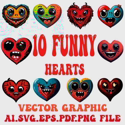 10 Funny Hearts Vector Graphic AI.SVG.EPS.PDF. PNG DOWNLOAD DIGITAL SUBLIMATION FILES