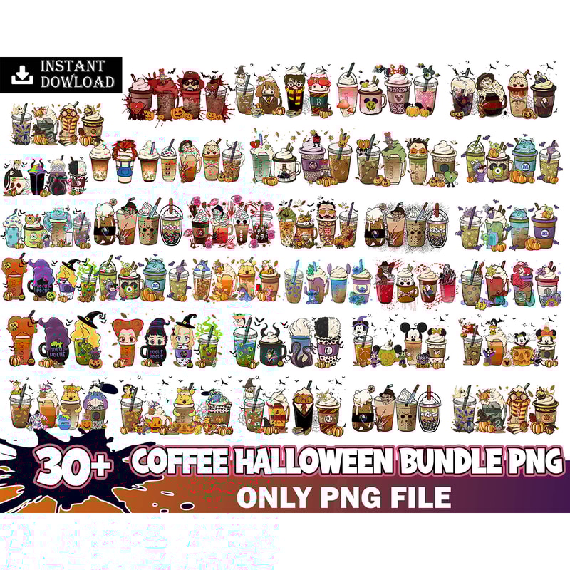 30 Halloween Coffee Png Bundle, Halloween Boo Coffee Png, Villains Latte, Fall latte png, Horror Movie Inspired Coffee, Sublimation design Png Instant Download.
