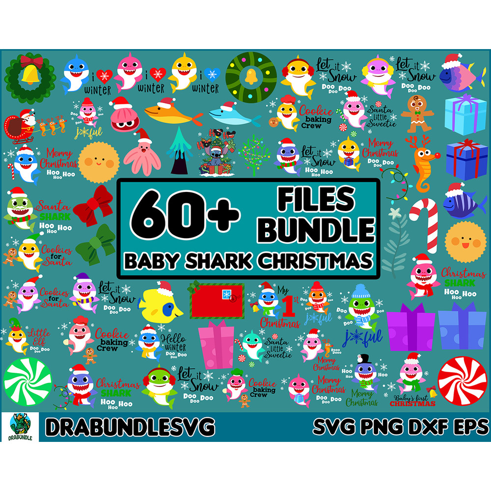 60 Christmas Svg Bundle Baby Shark Svg, Dodo Shark Svg, Daddy Shark Svg, Christmas Svg, Christmas Png, Christmas Tshirt Print, Cricut Svg, Funny Svg, Banner Svg