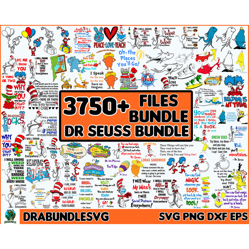 3750 Mega Dr Seuss Svg Bundle, Cat In The Hat SVG, Dr Seuss Hat SVG,Green Eggs And Ham Svg, Dr Seuss for Teachers Svg, Lorax Svg,Thing 1 and 2 Svg Instant Downl