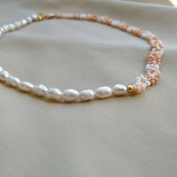 White pearl necklace, Handmade necklace, Beaded necklace, Handmade jewelry, Flower jewelry Gift.