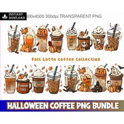 fall coffee png, halloween pumpkin spice latte iced warm autumn orange digital file, sublimation design hand drawn print