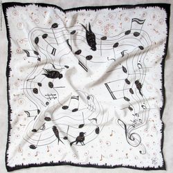 Black and white square scarf music, scarf with notes and birds. Silk scarf hand painted