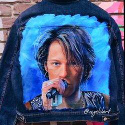 Jon Bon Jovi It's my life Rock group. Painted denim jacket Portrait from photo Rock group custom painted denim jacket