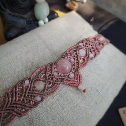 Rose quartz macrame headpiece necklace -choker or tiara, bohemian rhinestone cosplay jewelry, sacred protection amulet