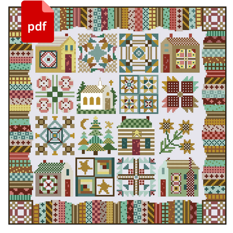 Old Village Sampler Cross Stitch Pattern Vintage Scheme Pdf Rustic Decor 0