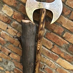 own a piece of medieval warfare: custom carbon steel double sided axe with leather sheath
