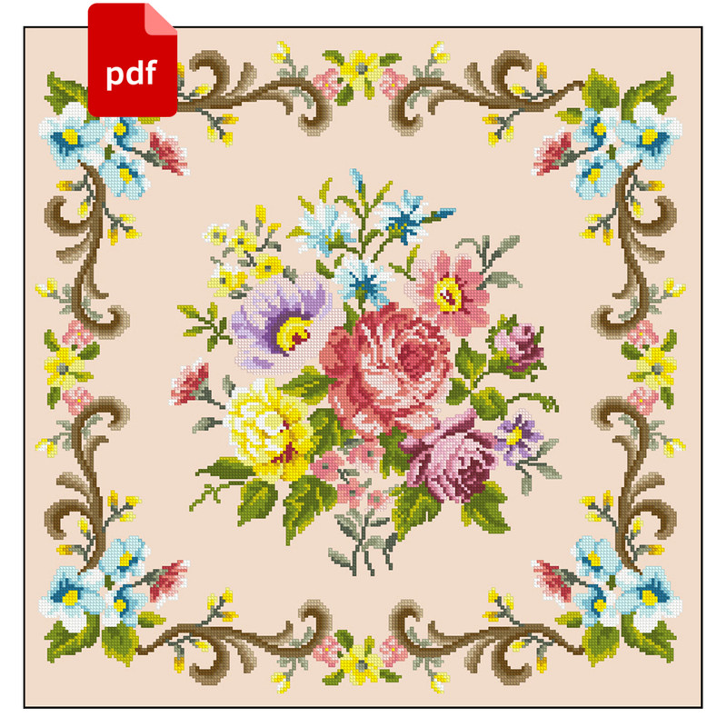 Pillow Vintage Ornament Cross Stitch Scheme Old Pattern Pdf Digital Roses 4