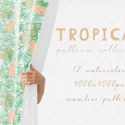 Watercolor Tropical Seamless Pattern Collection / Digital Paper Pack / Tropical Fruits and Animals