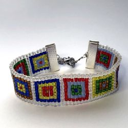 Beaded loom handmade bracelet geometric print rainbow silver Seed Bead boho bracelet with squares woven Weaving native
