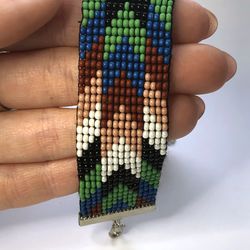 Beaded loom handmade bracelet geometric print green blue brown color Seed Bead boho bracelet waves woven Weaving native