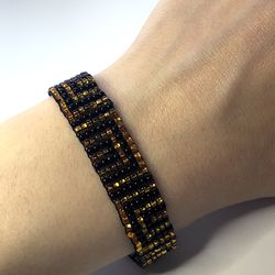 Beaded loom handmade bracelet geometric Eguptian style print Seed Bead boho bracelet adjustable gold black color Weaving