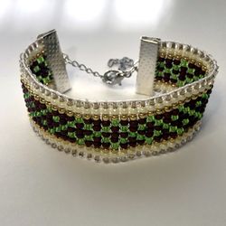 Beaded loom handmade bracelet geometric green brown ivory color Seed Bead boho bracelet adjustable Weaving