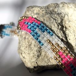 Beaded loom handmade bracelet geometric print blue pink gold color Seed Bead boho bracelet waves woven Weaving native