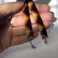Beaded loom handmade bracelet geometric print black red yellow color Seed Bead boho bracelet waves woven Weaving native