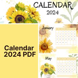 sunflower monthly calendar 2024 printable desk calendar