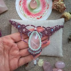 Rose quartz macrame tribal fusion Pendant, sacred spiritual healing wrapped crystal jewelry, heart chakra amulet