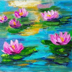 original art water lily painting lotus art oil canvas panel floral painting pond art 8 by 8 in by artbymila