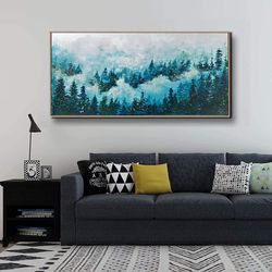 misty mountainside and trees - blue & white large wall abstract art