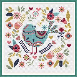 Cross Stitch Pattern Scandinavian Bird Primitive Nordic Style Embroidery Digital PDF File Instant Download #171