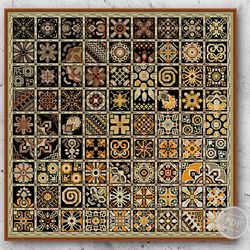Sampler Cross Stitch Patchwork Tiles Geometric Squares Golden - Ethnic Folk Art design PDF counted chart 324