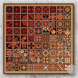 Sampler Cross Stitch Patchwork Tiles Geometric Squares Red - Ethnic Folk Art design PDF counted chart 323