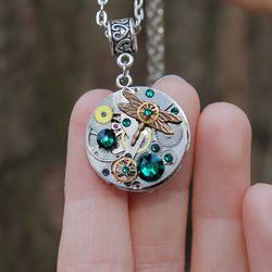 Handmade Unique Steampunk Dragonfly Necklace from vintage USSR watch movement with Swarovski